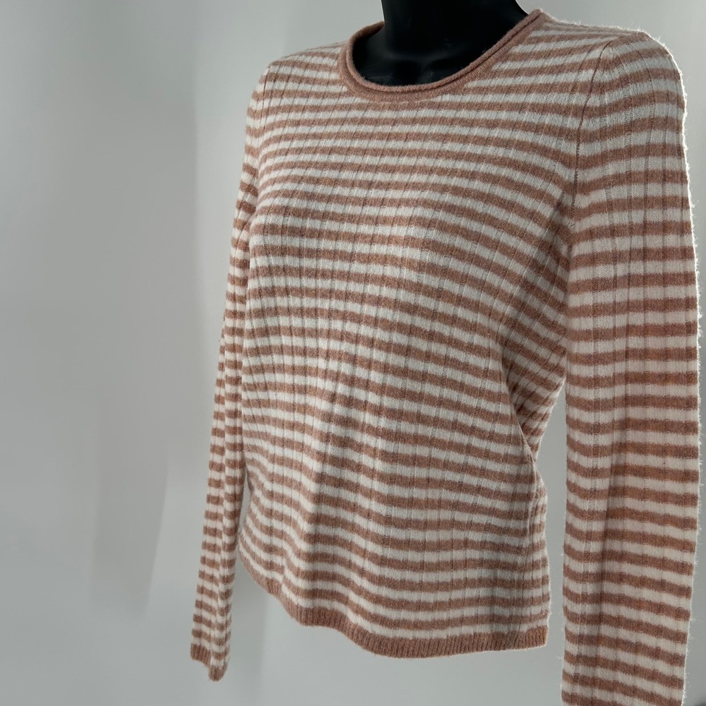 Madewell Womens Striped Ribbed Knit Long Sleeve Crew Neck Sweater‎ XXS Tan White - Picture 2 of 16